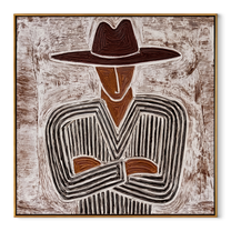 Etched Lines Fold Inward – Folded Arm Cowboy painting by Adrian Lee, mid-century modern square wall art – wood frame on white background