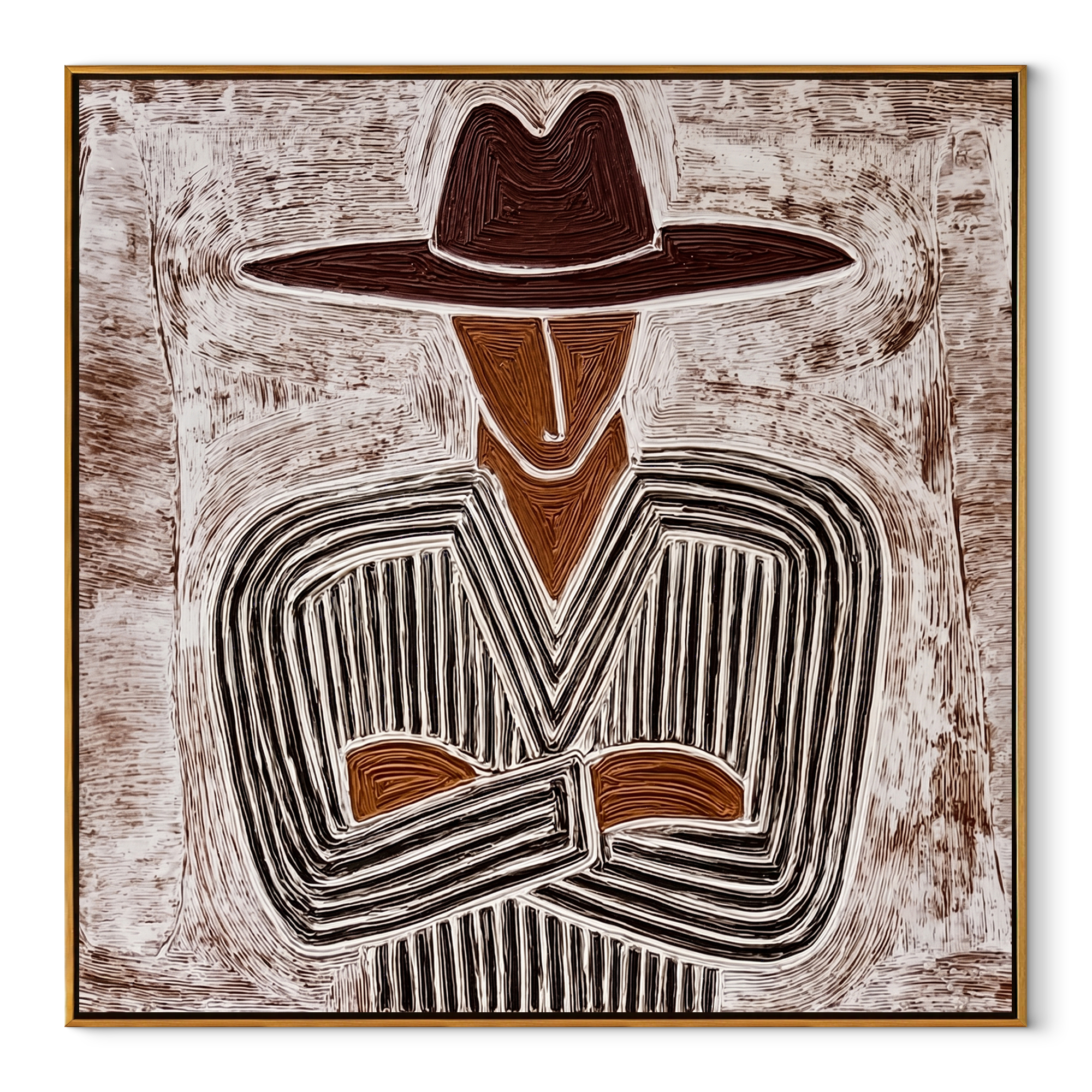 Etched Lines Fold Inward – Folded Arm Cowboy painting by Adrian Lee, mid-century modern square wall art – wood frame on white background