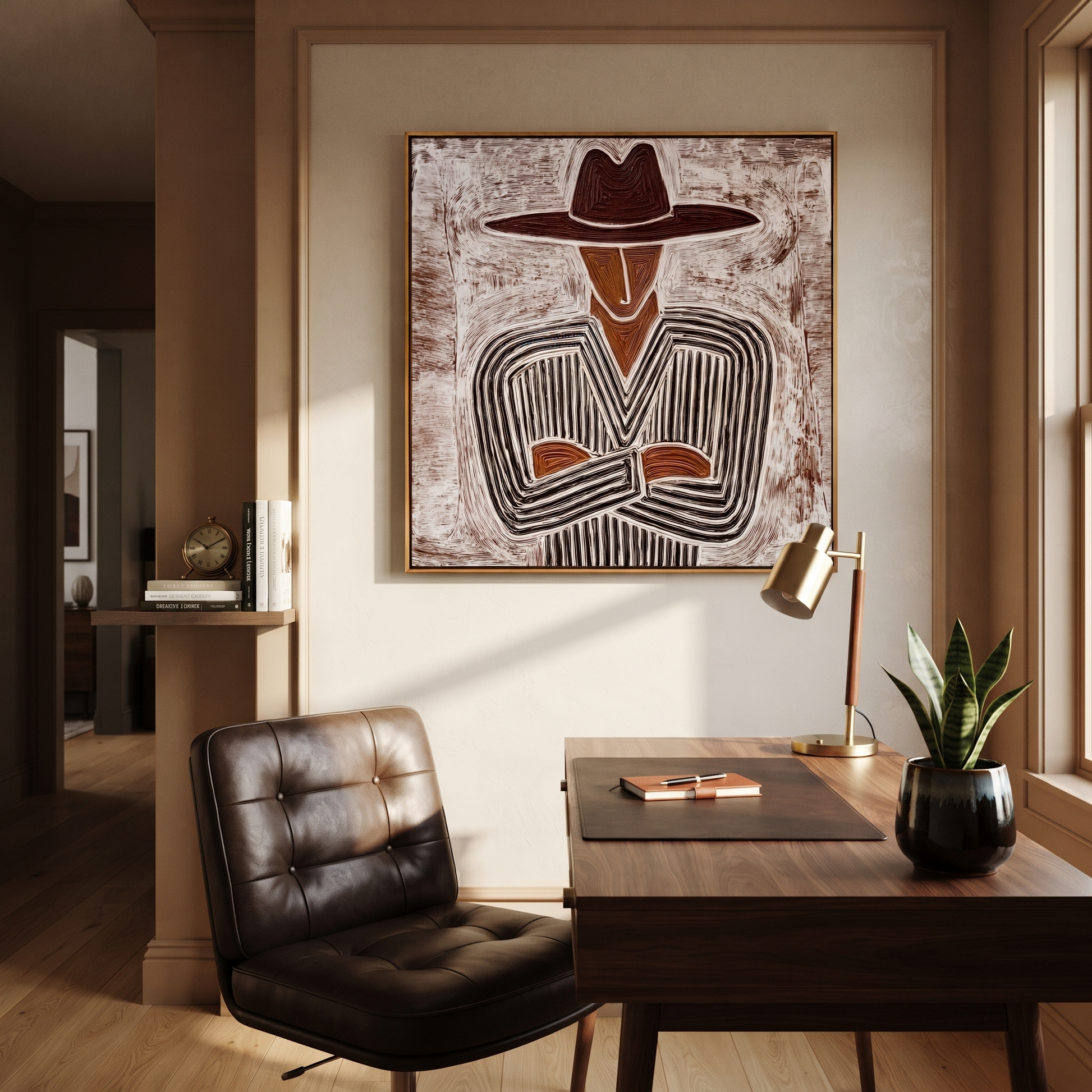 Etched Lines Fold Inward – Folded Arm Cowboy painting by Adrian Lee, mid-century modern square wall art – styled room scene view 2