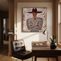 Etched Lines Fold Inward – Folded Arm Cowboy painting by Adrian Lee, mid-century modern square wall art – styled room scene view 2