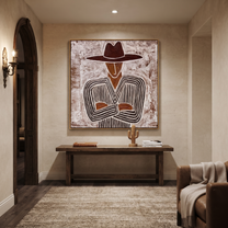Etched Lines Fold Inward – Folded Arm Cowboy painting by Adrian Lee, mid-century modern square wall art – styled room scene view 3