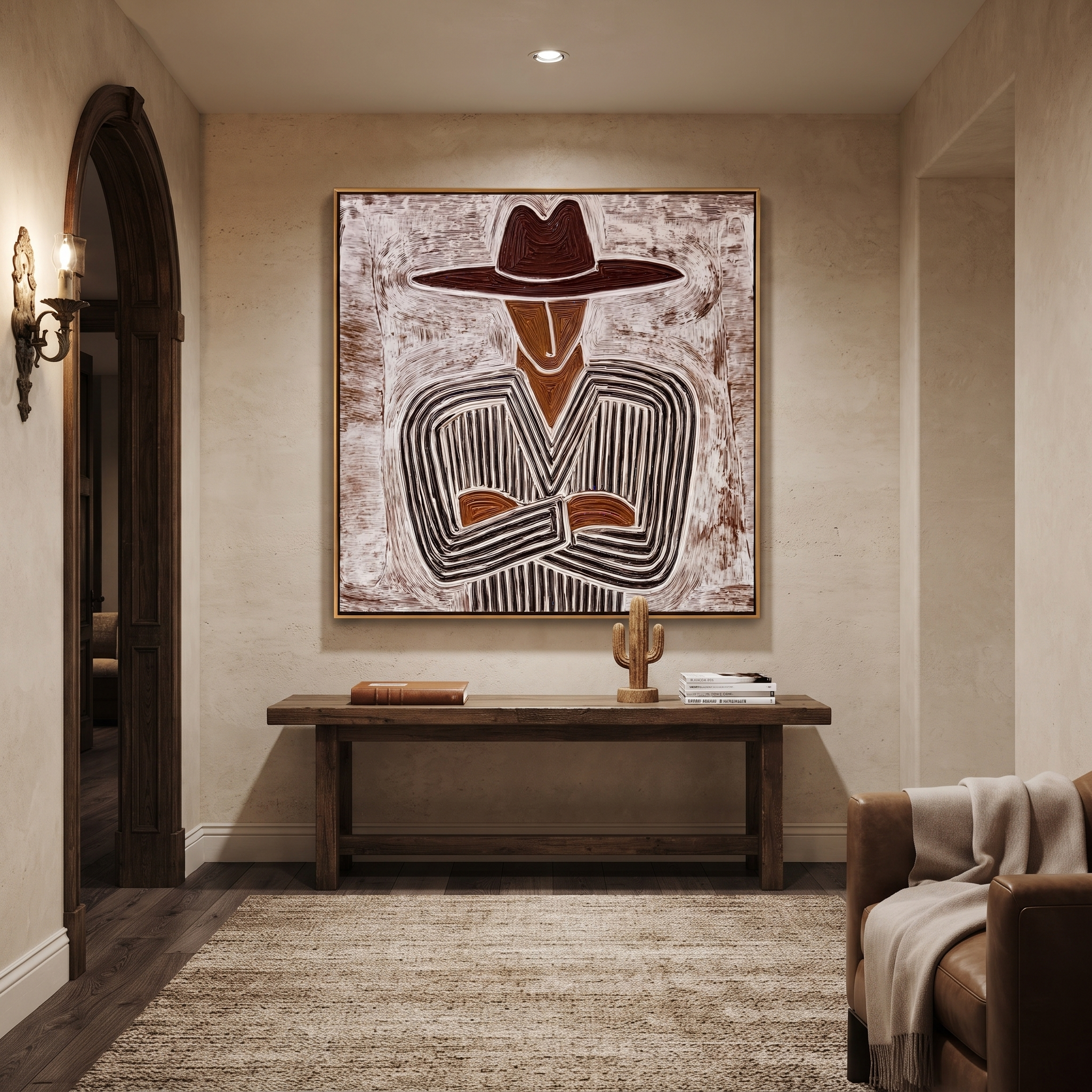 Etched Lines Fold Inward – Folded Arm Cowboy painting by Adrian Lee, mid-century modern square wall art – styled room scene view 3