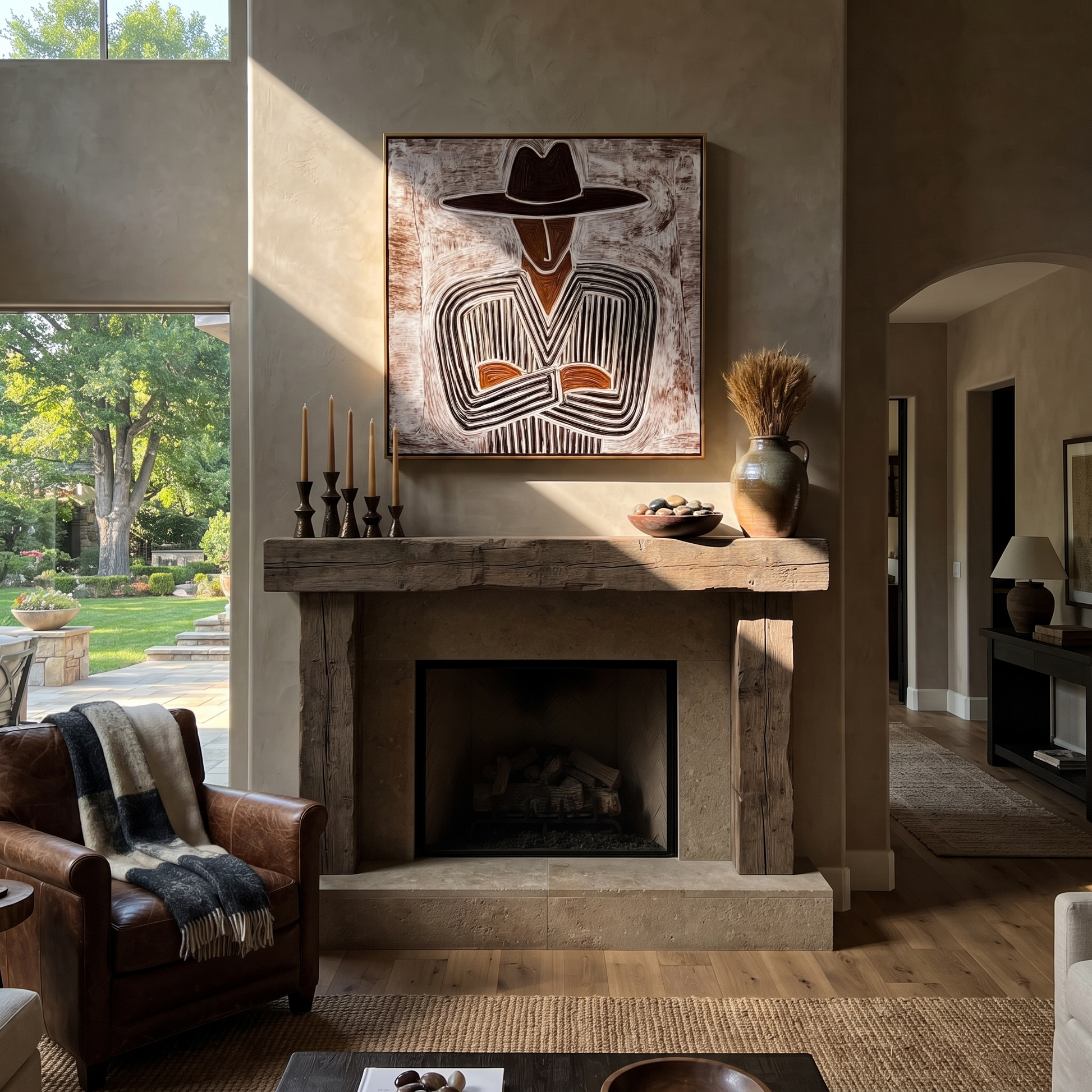Etched Lines Fold Inward – Folded Arm Cowboy painting by Adrian Lee, mid-century modern square wall art – styled room scene view 4