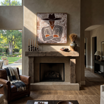 Etched Lines Fold Inward – Folded Arm Cowboy painting by Adrian Lee, mid-century modern square wall art – styled room scene view 4