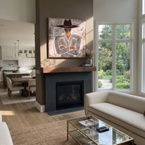 Etched Lines Fold Inward – Folded Arm Cowboy painting by Adrian Lee, mid-century modern square wall art – styled room scene view 5