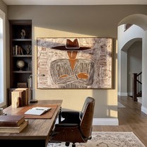 Quiet Stripes Lock Hands – Folded Hand Etched Figure painting by Adrian Lee, mid-century modern horizontal wall art – styled room scene view 1
