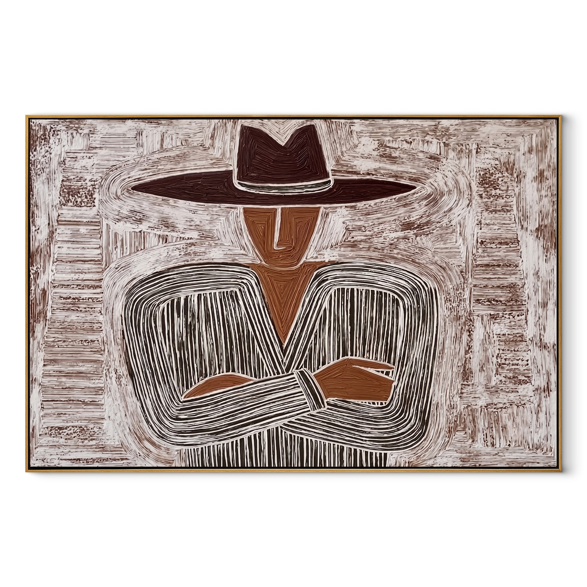 Quiet Stripes Lock Hands – Folded Hand Etched Figure painting by Adrian Lee, mid-century modern horizontal wall art – wood frame on white background