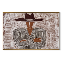 Quiet Stripes Lock Hands – Folded Hand Etched Figure painting by Adrian Lee, mid-century modern horizontal wall art – wood frame on white background