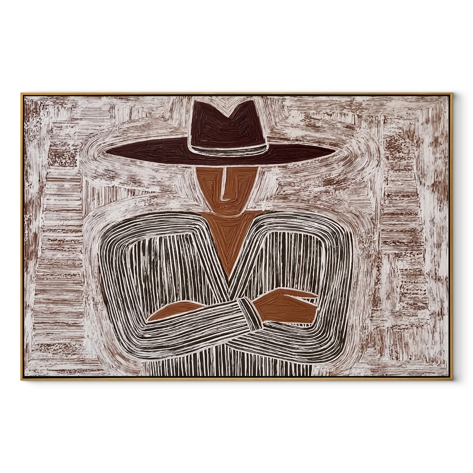 Quiet Stripes Lock Hands – Folded Hand Etched Figure painting by Adrian Lee, mid-century modern horizontal wall art – wood frame on white background