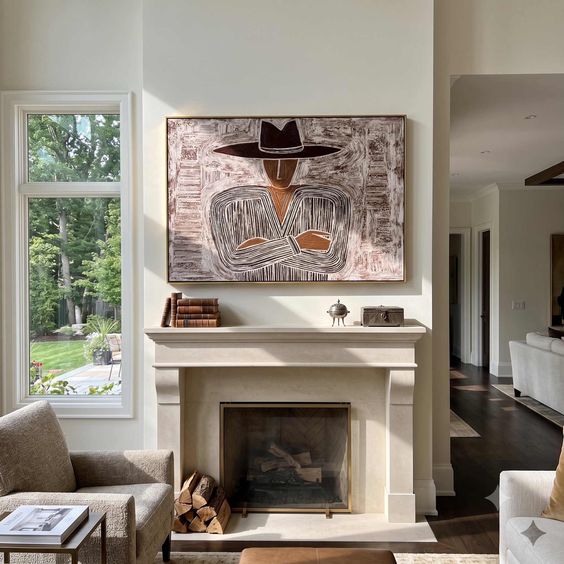 Quiet Stripes Lock Hands – Folded Hand Etched Figure painting by Adrian Lee, mid-century modern horizontal wall art – styled room scene view 2