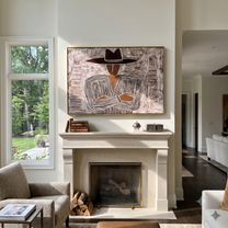Quiet Stripes Lock Hands – Folded Hand Etched Figure painting by Adrian Lee, mid-century modern horizontal wall art – styled room scene view 2