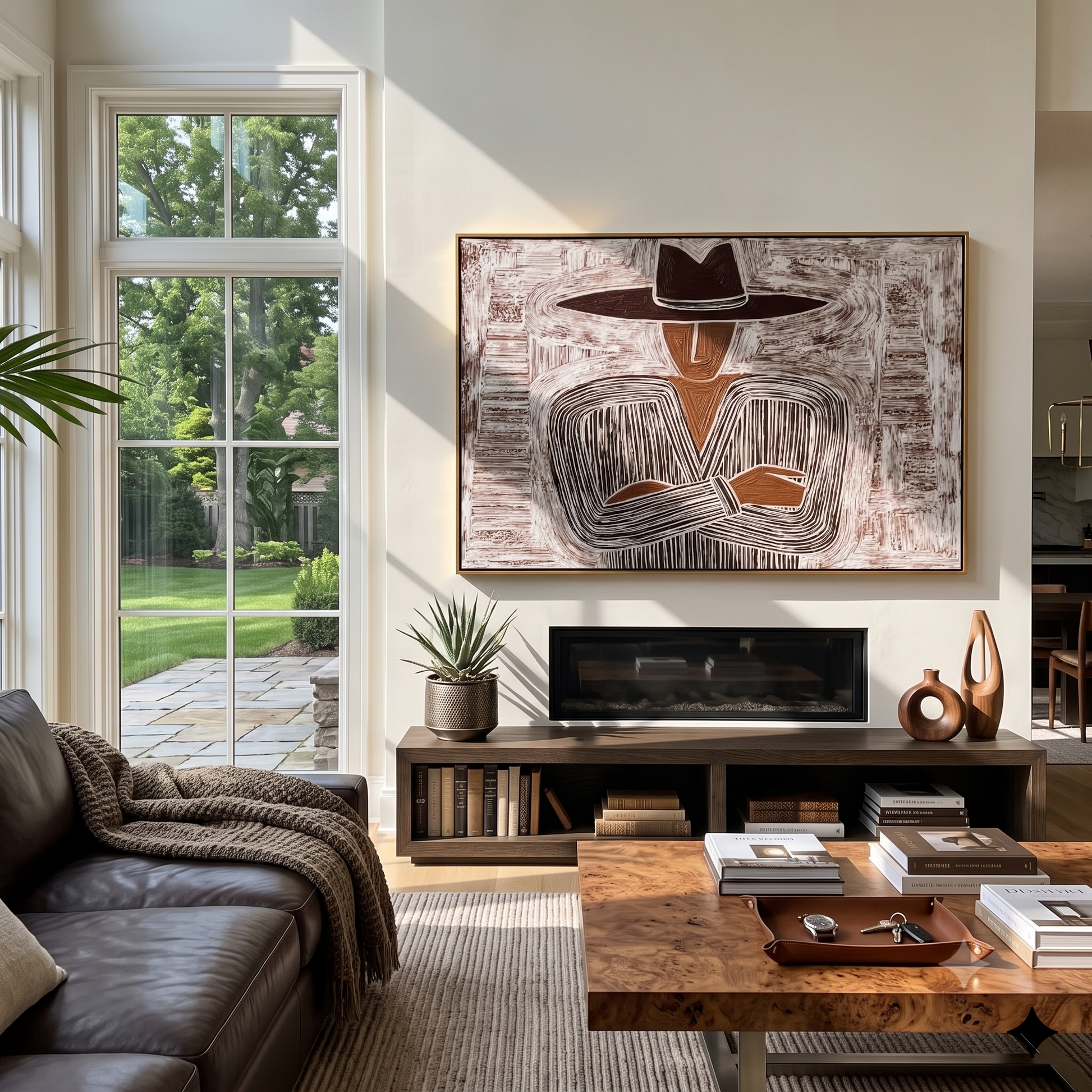 Quiet Stripes Lock Hands – Folded Hand Etched Figure painting by Adrian Lee, mid-century modern horizontal wall art – styled room scene view 3