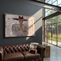 Quiet Stripes Lock Hands – Folded Hand Etched Figure painting by Adrian Lee, mid-century modern horizontal wall art – styled room scene view 4