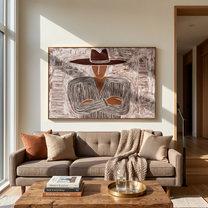 Quiet Stripes Lock Hands – Folded Hand Etched Figure painting by Adrian Lee, mid-century modern horizontal wall art – styled room scene view 5