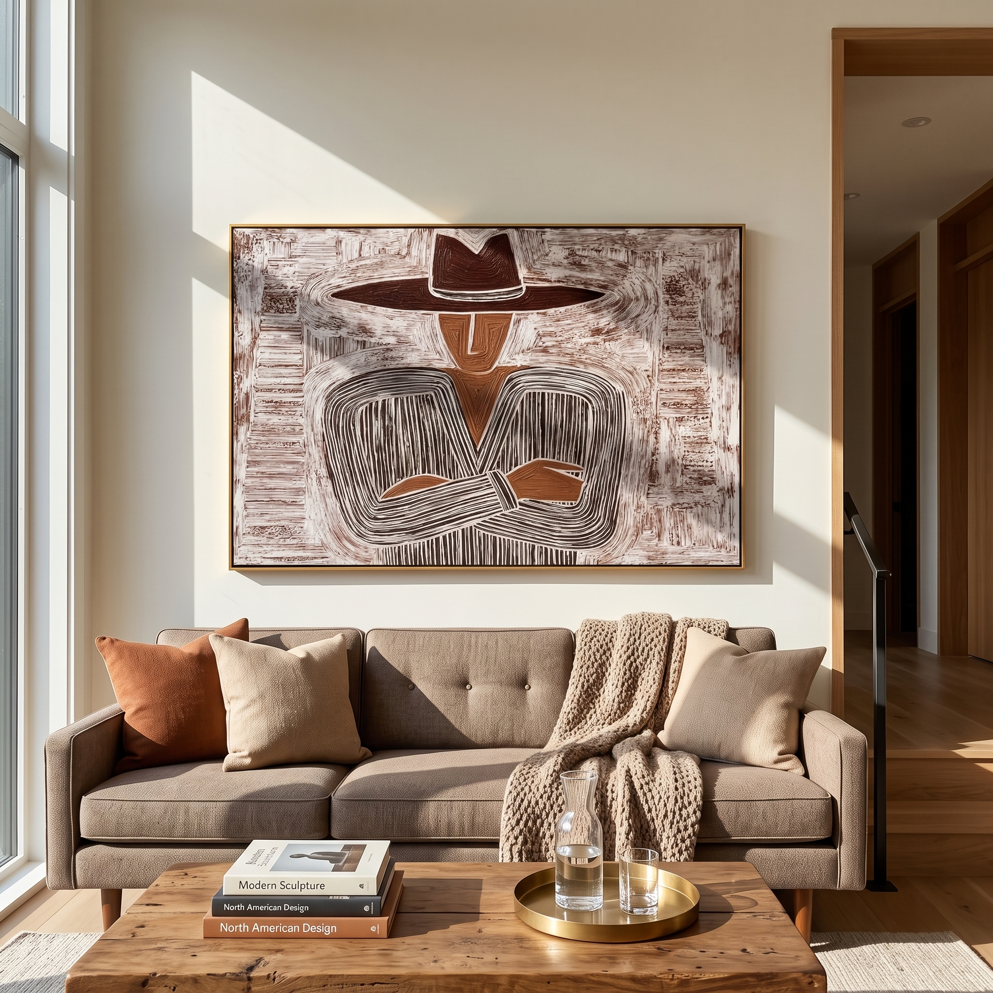 Quiet Stripes Lock Hands – Folded Hand Etched Figure painting by Adrian Lee, mid-century modern horizontal wall art – styled room scene view 5