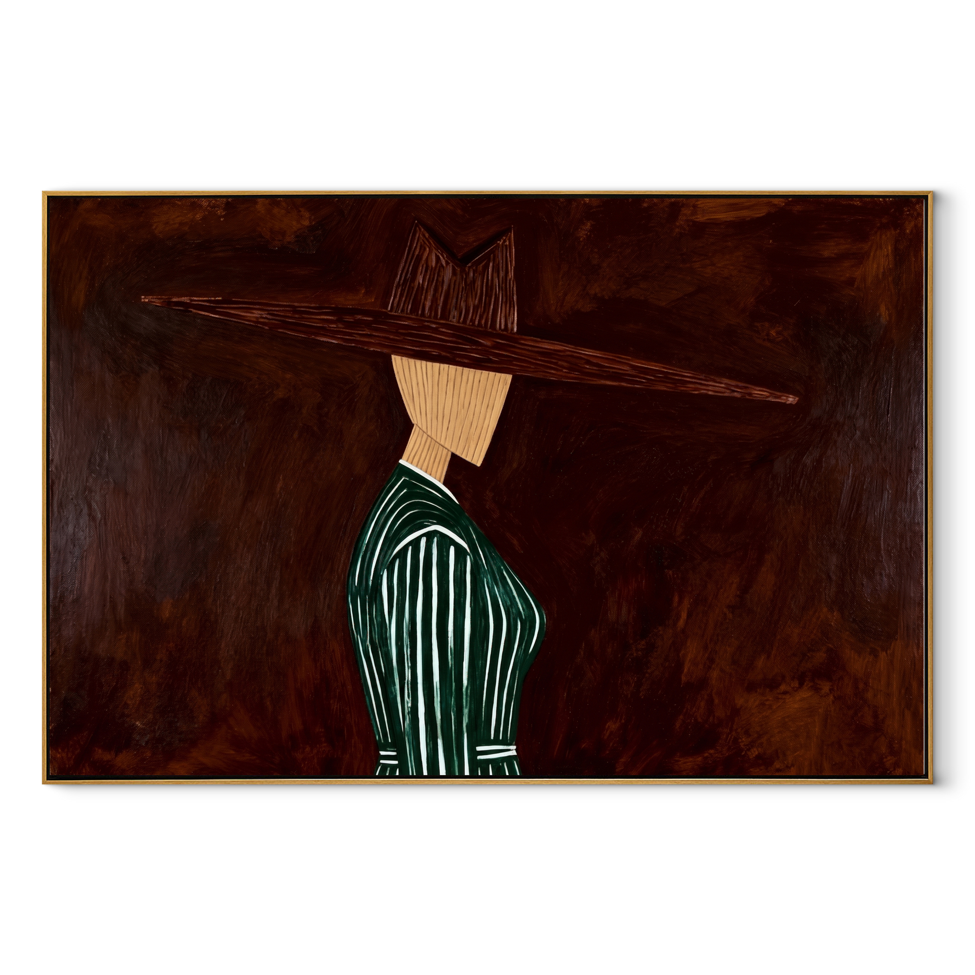 Green Pinstripes Face Shadow – Side Profile Green Figure painting by Adrian Lee, mid-century modern horizontal wall art – wood frame on white background