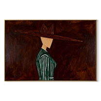 Green Pinstripes Face Shadow – Side Profile Green Figure painting by Adrian Lee, mid-century modern horizontal wall art – wood frame on white background