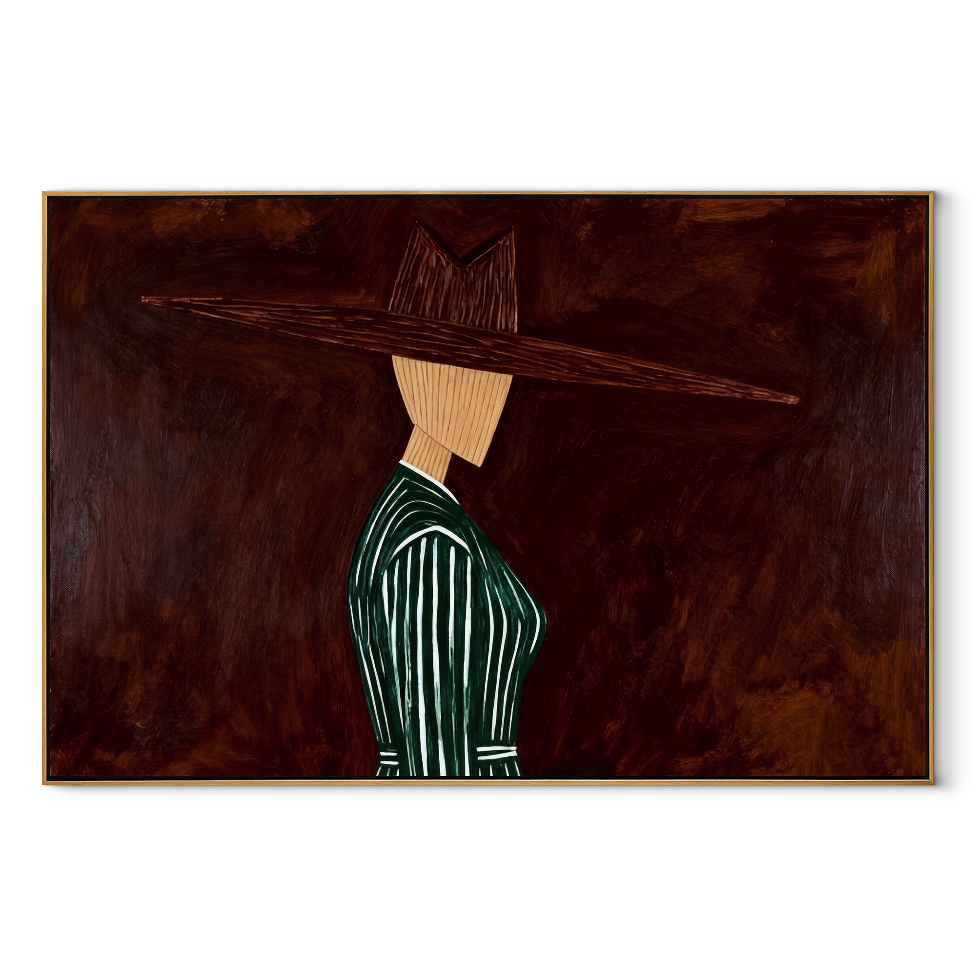 Green Pinstripes Face Shadow – Side Profile Green Figure painting by Adrian Lee, mid-century modern horizontal wall art – wood frame on white background