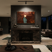 Green Pinstripes Face Shadow – Side Profile Green Figure painting by Adrian Lee, mid-century modern horizontal wall art – styled room scene view 2