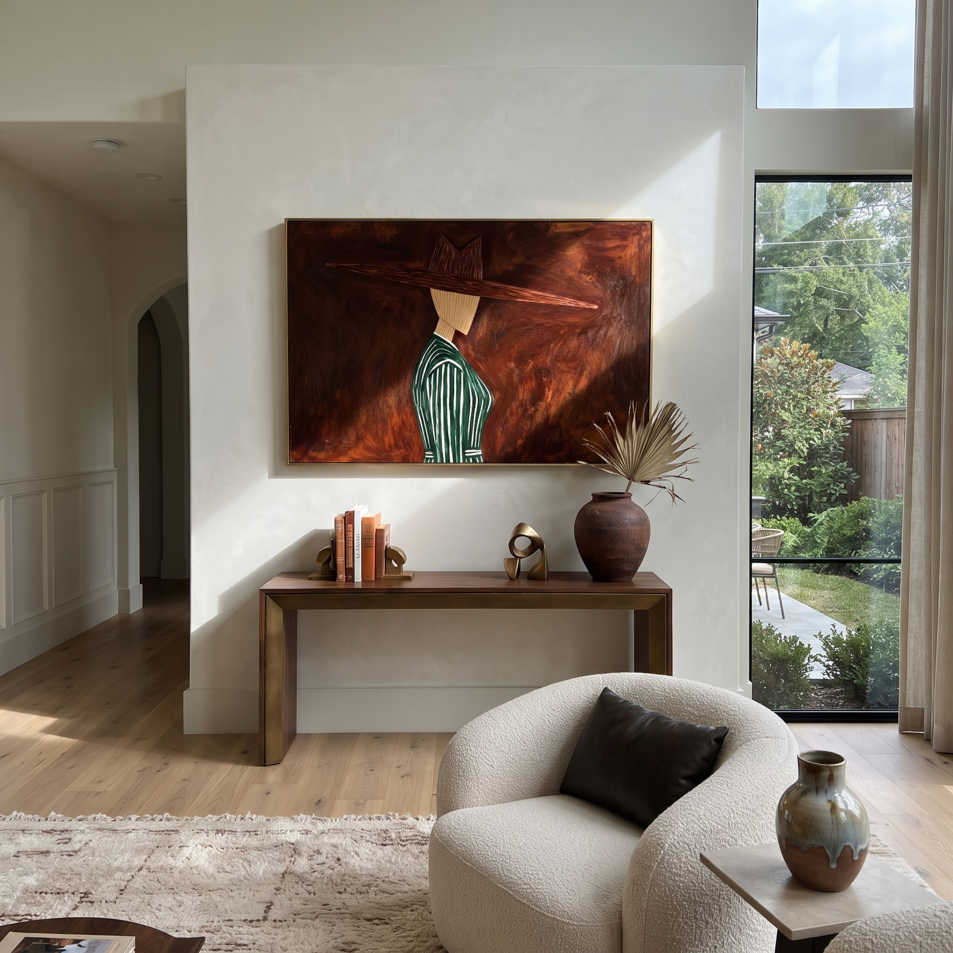 Green Pinstripes Face Shadow – Side Profile Green Figure painting by Adrian Lee, mid-century modern horizontal wall art – styled room scene view 3