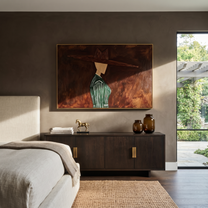 Green Pinstripes Face Shadow – Side Profile Green Figure painting by Adrian Lee, mid-century modern horizontal wall art – styled room scene view 4