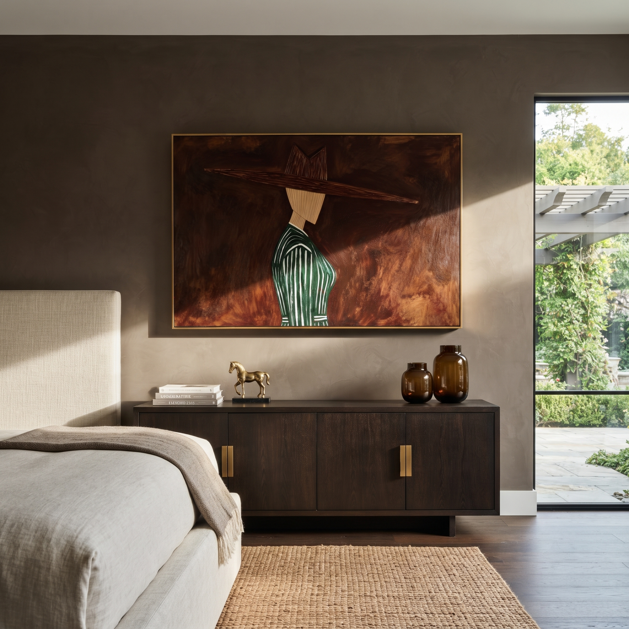 Green Pinstripes Face Shadow – Side Profile Green Figure painting by Adrian Lee, mid-century modern horizontal wall art – styled room scene view 4
