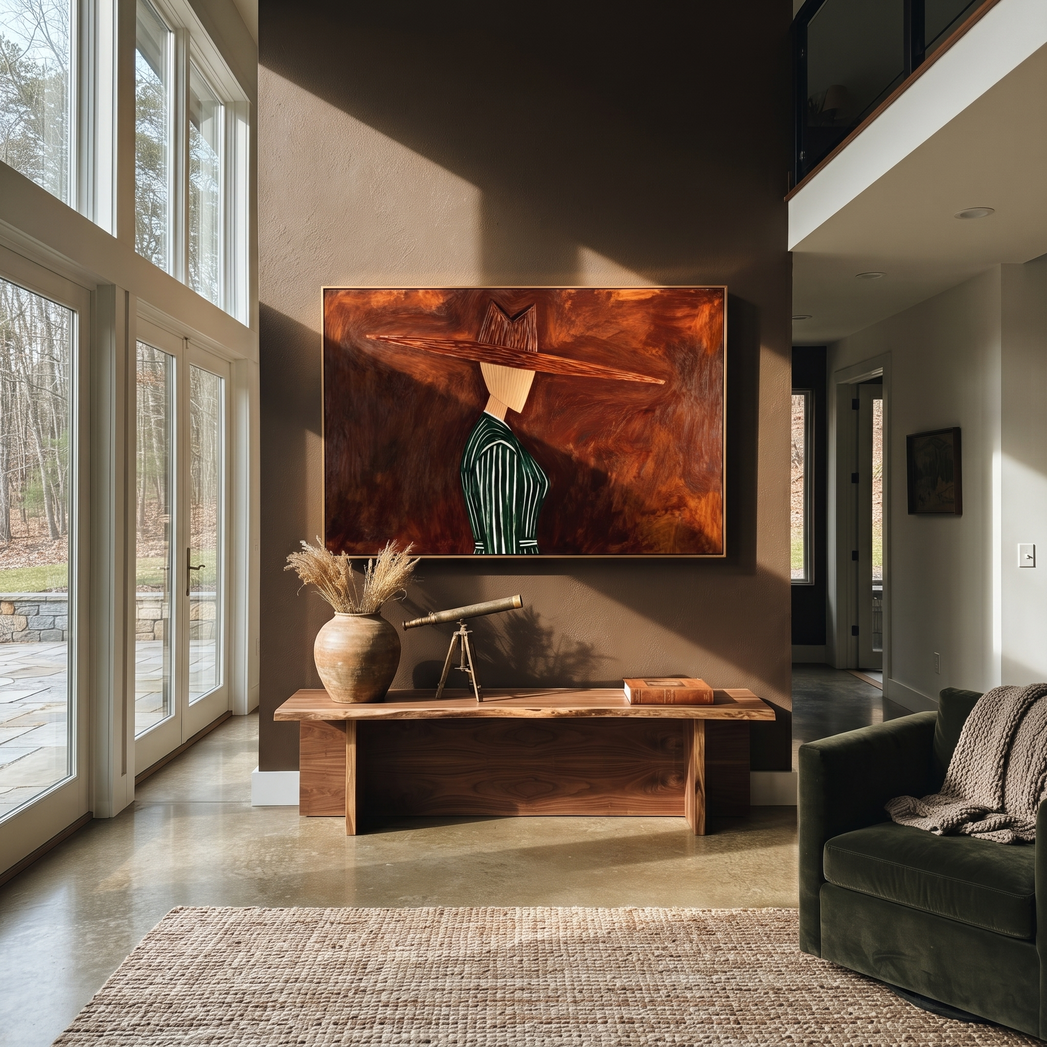 Green Pinstripes Face Shadow – Side Profile Green Figure painting by Adrian Lee, mid-century modern horizontal wall art – styled room scene view 5