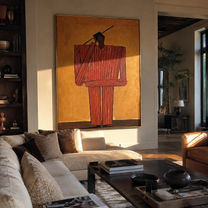 White Crown Takes Shape – Green Dress Hat Figure painting by Adrian Lee, mid-century modern vertical wall art – styled room scene view 1