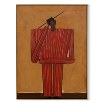 White Crown Takes Shape – Green Dress Hat Figure painting by Adrian Lee, mid-century modern vertical wall art – wood frame on white background