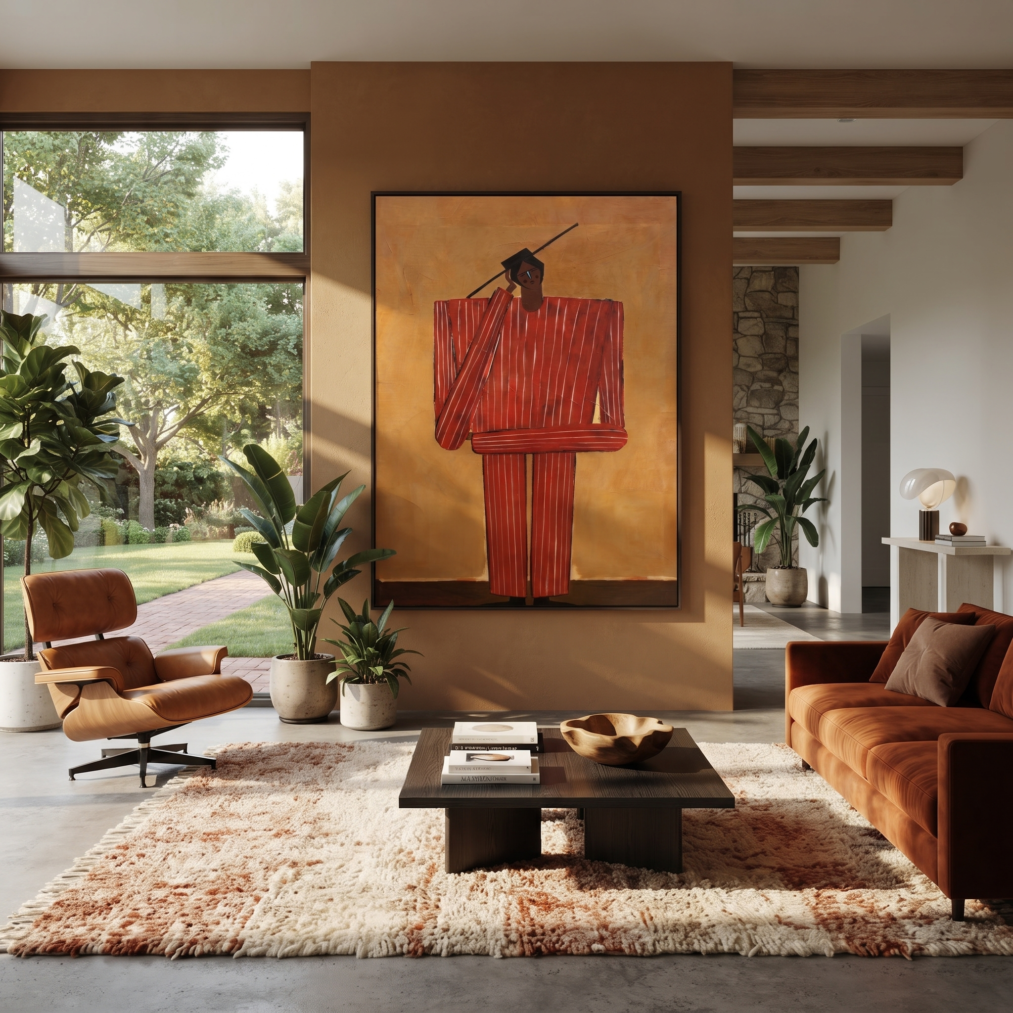 White Crown Takes Shape – Green Dress Hat Figure painting by Adrian Lee, mid-century modern vertical wall art – styled room scene view 2