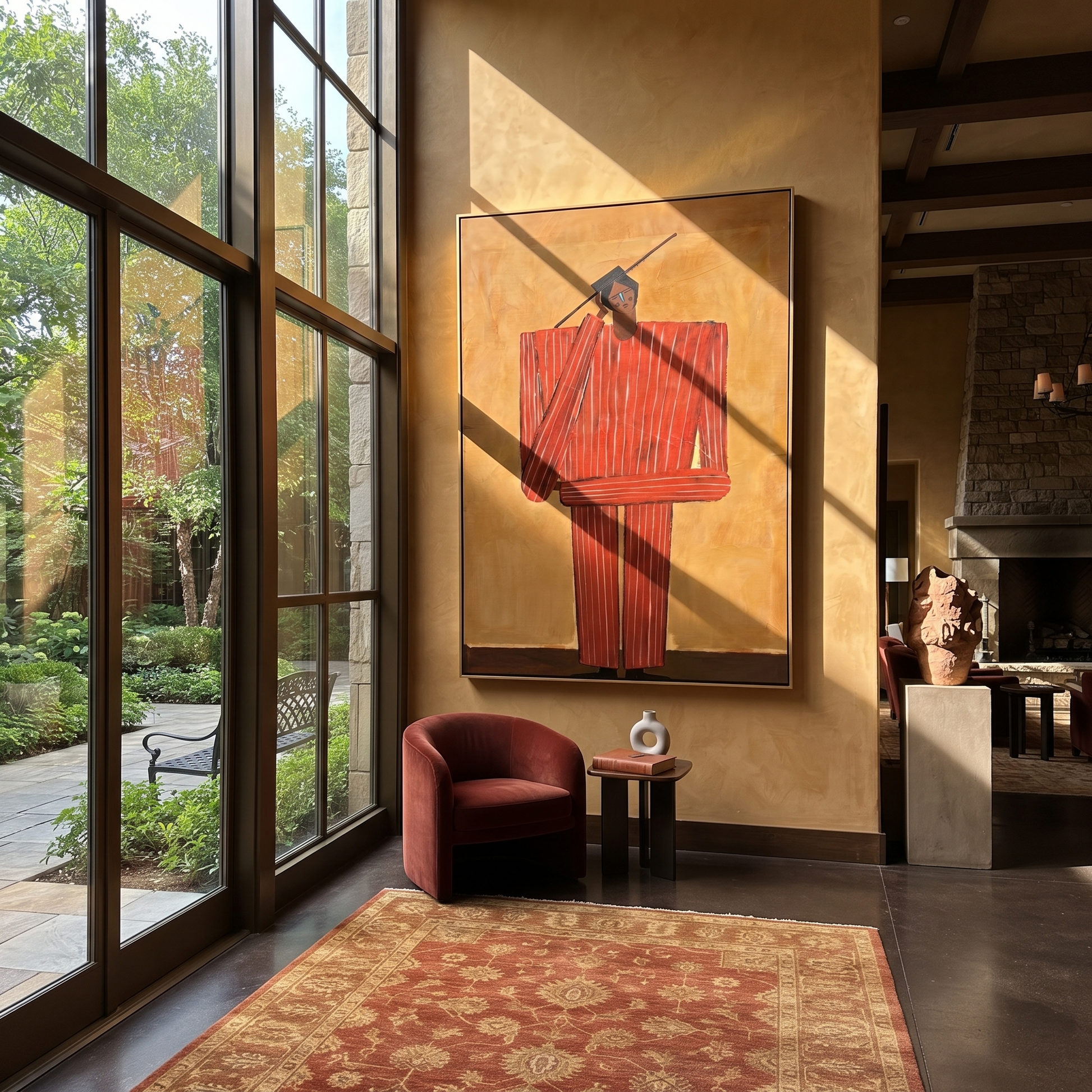 White Crown Takes Shape – Green Dress Hat Figure painting by Adrian Lee, mid-century modern vertical wall art – styled room scene view 3