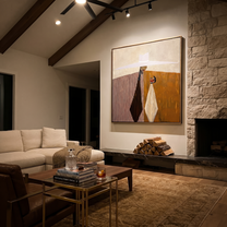 White Brim Serves Amber – Geometric Server Figure painting by Adrian Lee, mid-century modern square wall art – styled room scene view 1