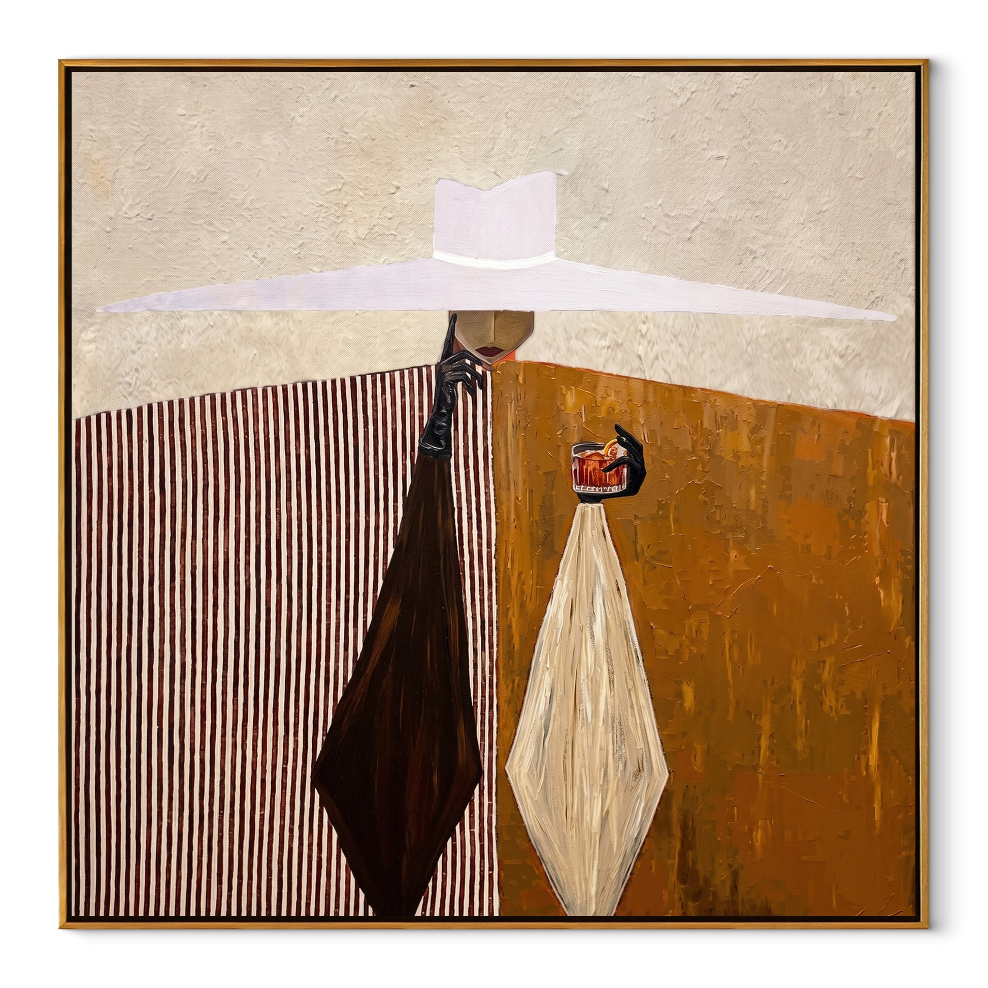 White Brim Serves Amber – Geometric Server Figure painting by Adrian Lee, mid-century modern square wall art – wood frame on white background