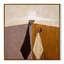 White Brim Serves Amber – Geometric Server Figure painting by Adrian Lee, mid-century modern square wall art – wood frame on white background