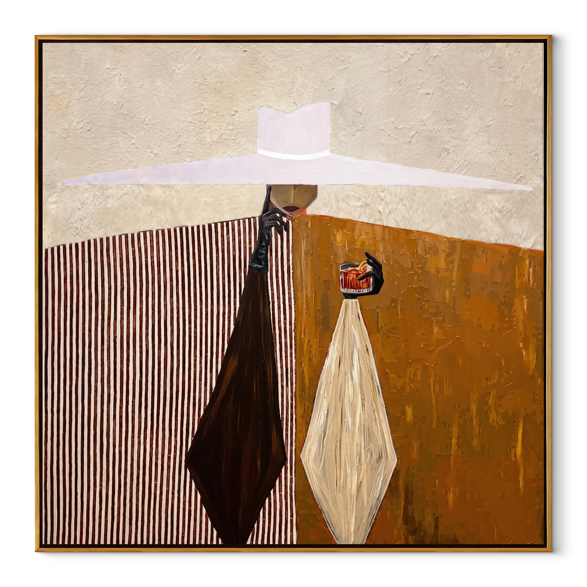 White Brim Serves Amber – Geometric Server Figure painting by Adrian Lee, mid-century modern square wall art – wood frame on white background