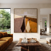 White Brim Serves Amber – Geometric Server Figure painting by Adrian Lee, mid-century modern square wall art – styled room scene view 2