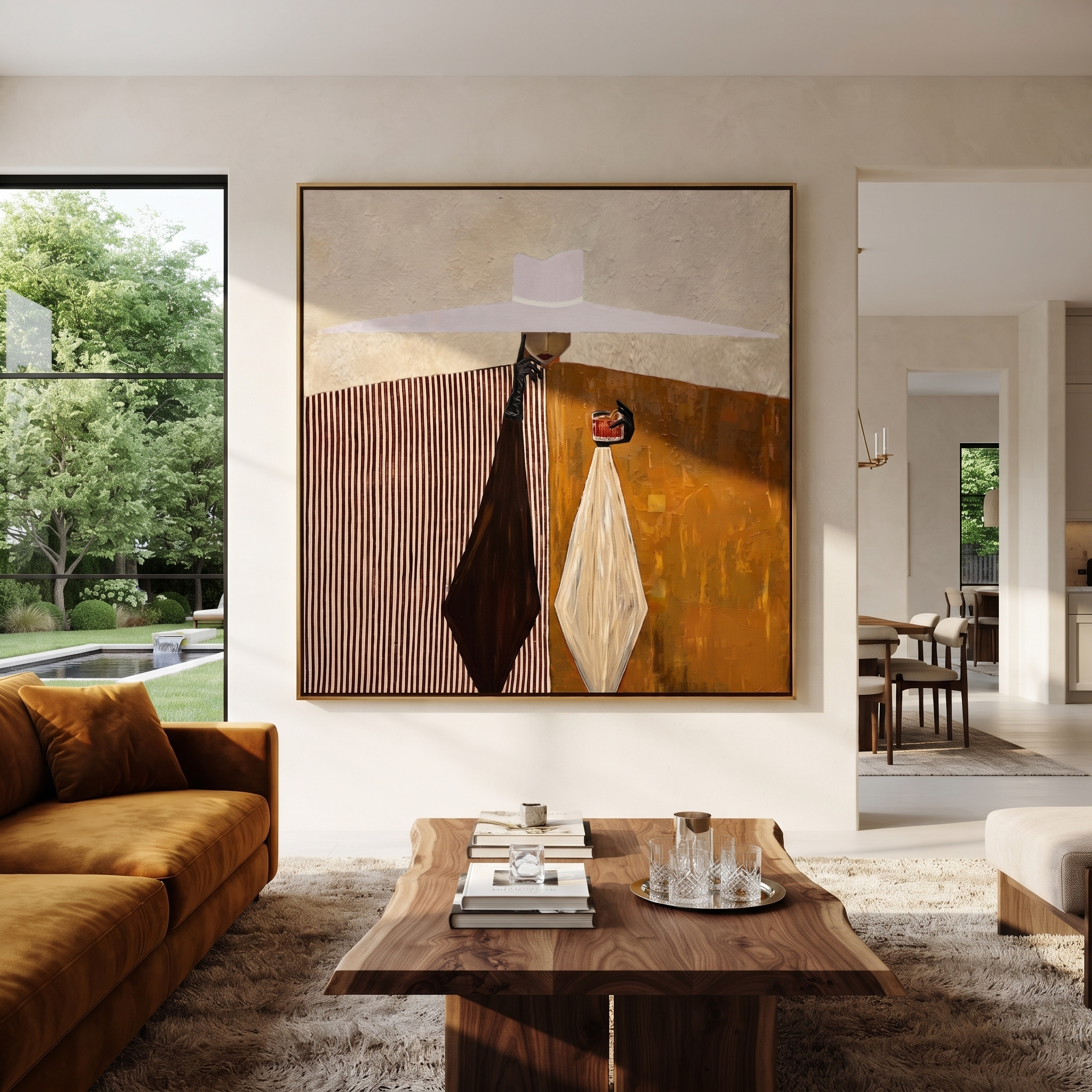 White Brim Serves Amber – Geometric Server Figure painting by Adrian Lee, mid-century modern square wall art – styled room scene view 2
