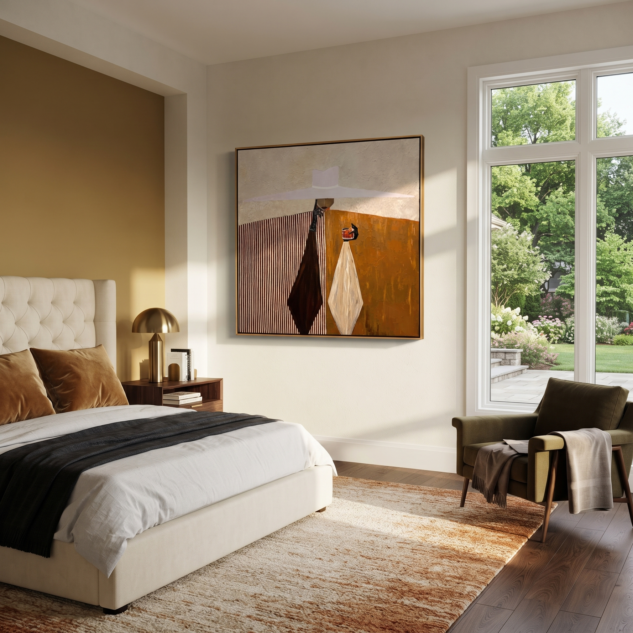 White Brim Serves Amber – Geometric Server Figure painting by Adrian Lee, mid-century modern square wall art – styled room scene view 3