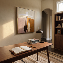 White Brim Serves Amber – Geometric Server Figure painting by Adrian Lee, mid-century modern square wall art – styled room scene view 4