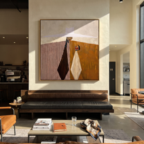 White Brim Serves Amber – Geometric Server Figure painting by Adrian Lee, mid-century modern square wall art – styled room scene view 5