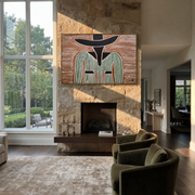Green Lines Divide Brown – Green Striped Figure painting by Adrian Lee, mid-century modern horizontal wall art – styled room scene view 1