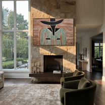 Green Lines Divide Brown – Green Striped Figure painting by Adrian Lee, mid-century modern horizontal wall art – styled room scene view 1