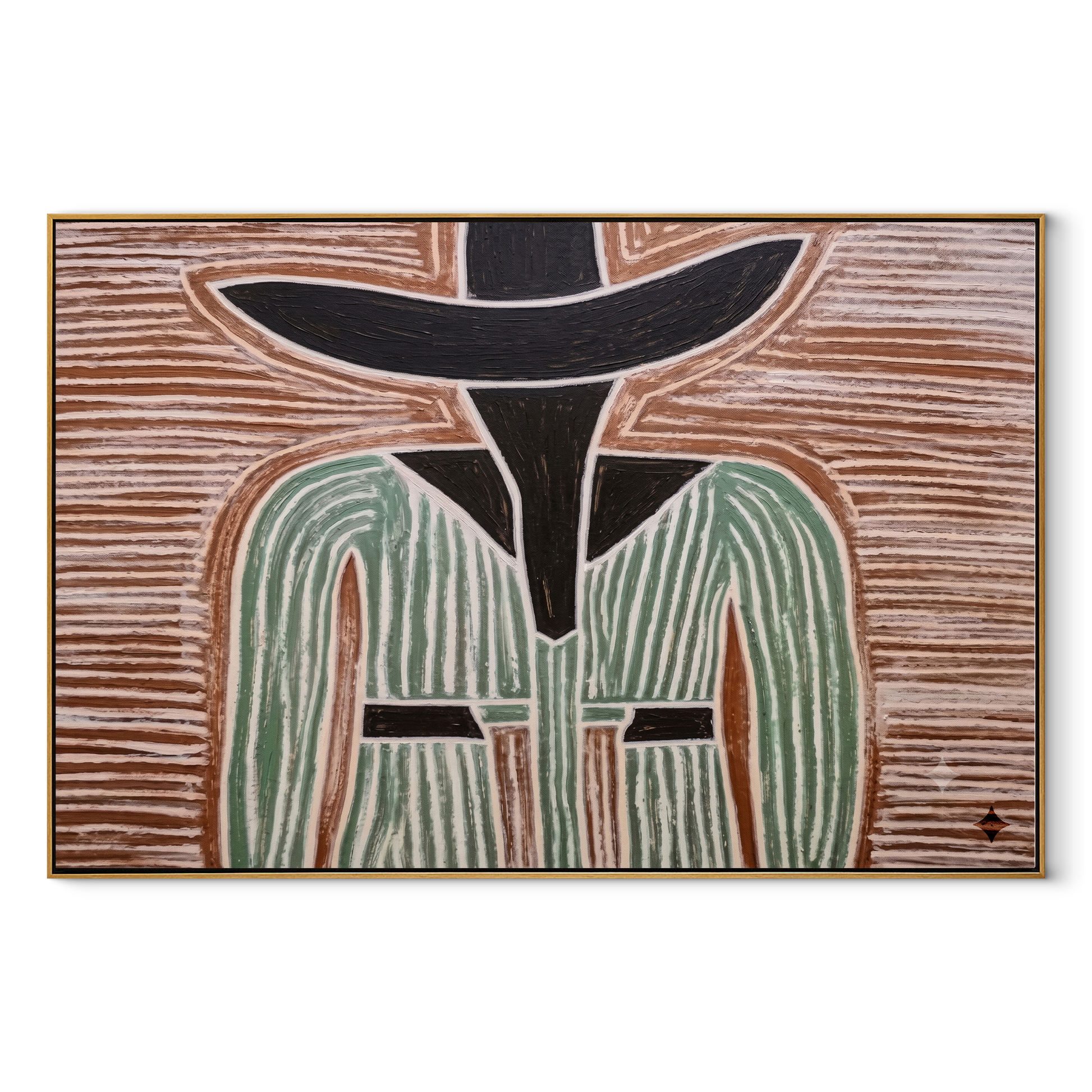 Green Lines Divide Brown – Green Striped Figure painting by Adrian Lee, mid-century modern horizontal wall art – wood frame on white background