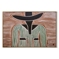 Green Lines Divide Brown – Green Striped Figure painting by Adrian Lee, mid-century modern horizontal wall art – wood frame on white background