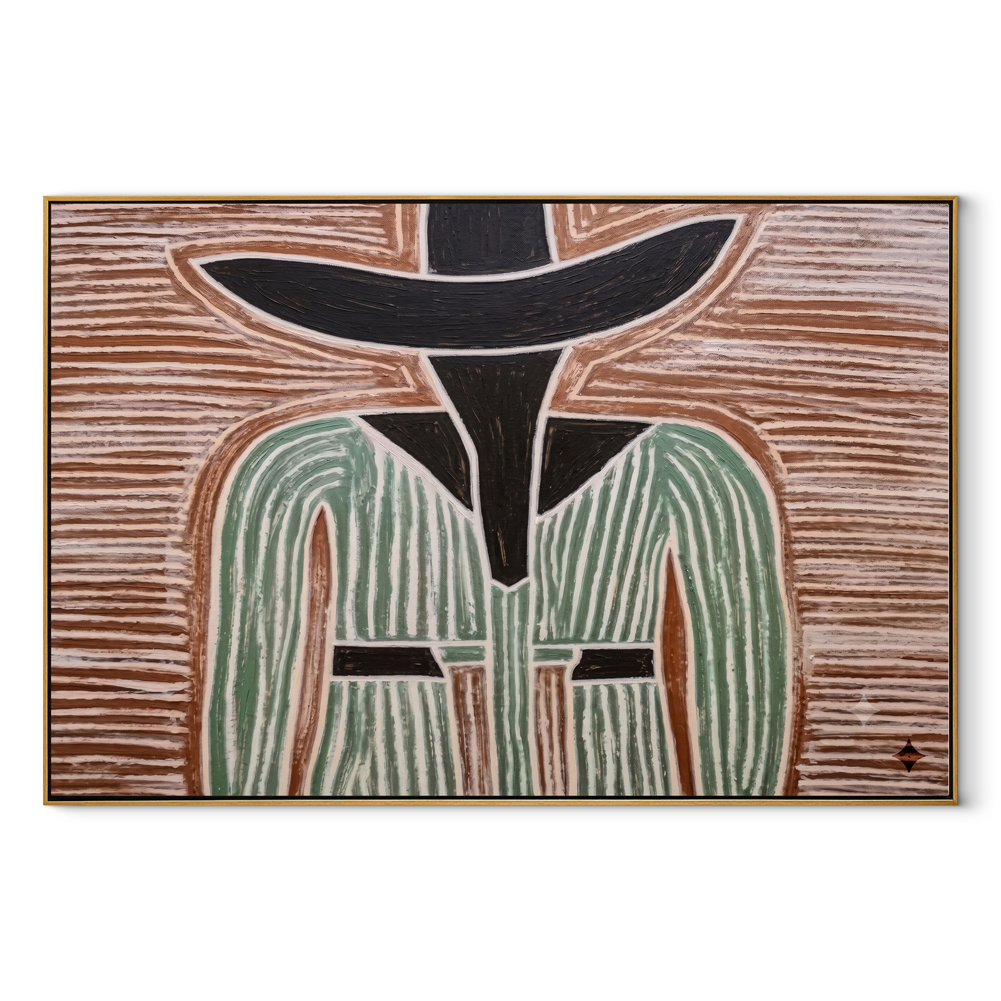 Green Lines Divide Brown – Green Striped Figure painting by Adrian Lee, mid-century modern horizontal wall art – wood frame on white background