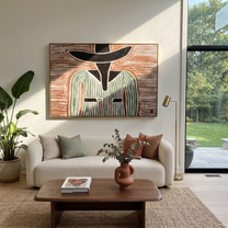 Green Lines Divide Brown – Green Striped Figure painting by Adrian Lee, mid-century modern horizontal wall art – styled room scene view 2