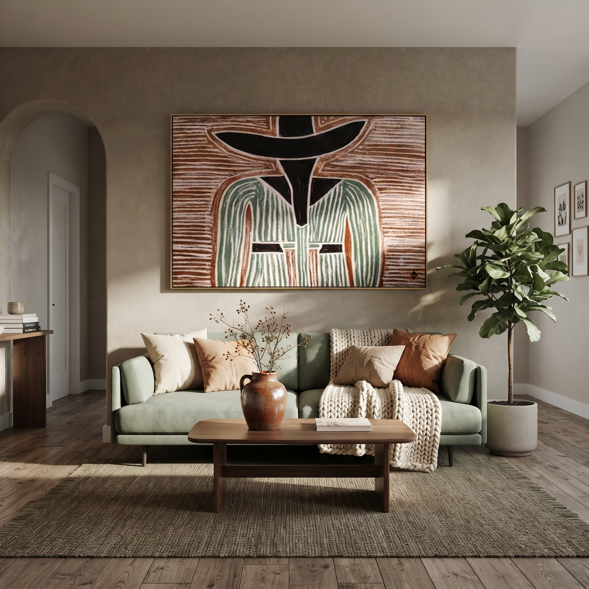 Green Lines Divide Brown – Green Striped Figure painting by Adrian Lee, mid-century modern horizontal wall art – styled room scene view 3