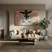 Green Lines Divide Brown – Green Striped Figure painting by Adrian Lee, mid-century modern horizontal wall art – styled room scene view 3