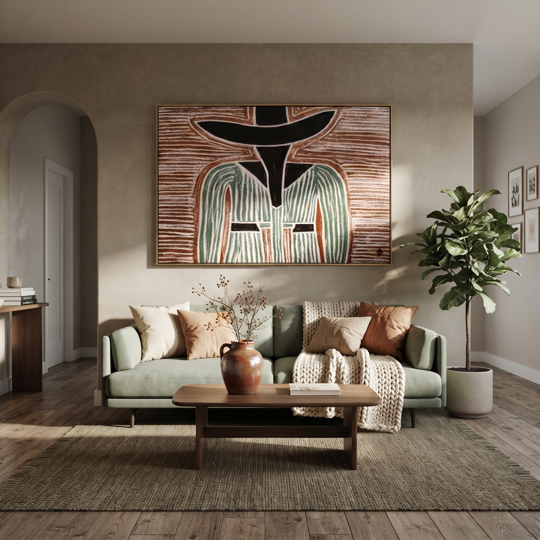 Green Lines Divide Brown – Green Striped Figure painting by Adrian Lee, mid-century modern horizontal wall art – styled room scene view 3