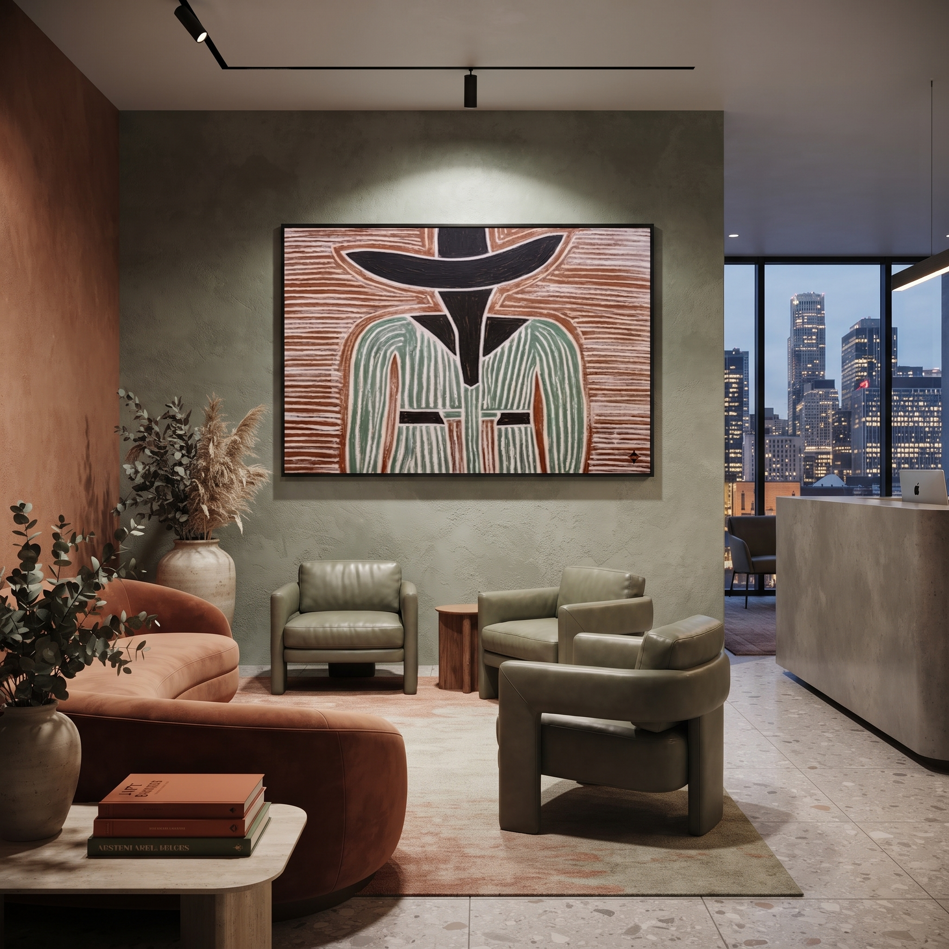 Green Lines Divide Brown – Green Striped Figure painting by Adrian Lee, mid-century modern horizontal wall art – styled room scene view 4